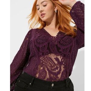 Torrid Lace Mix Long Sleeve V-Neck Blouse in Rich Purple Size 1X